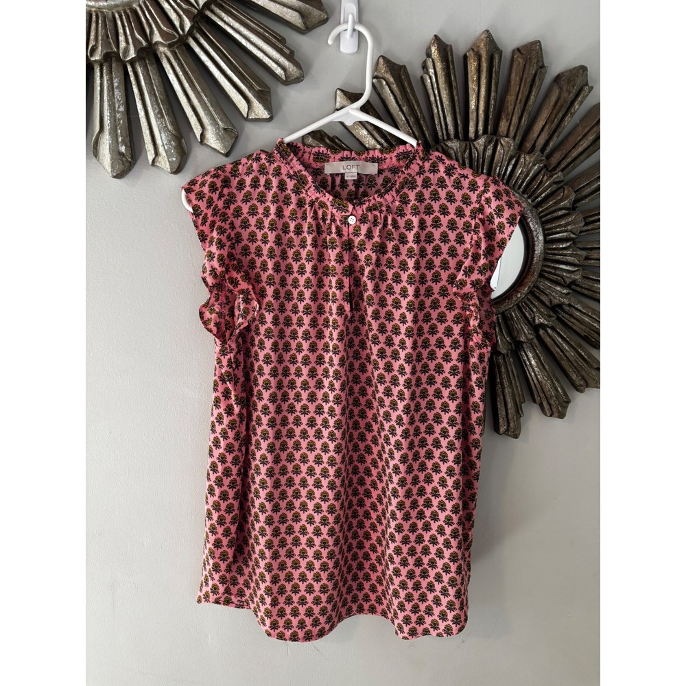 LOFT Pink and Black Printed Cap-Sleeve Blouse